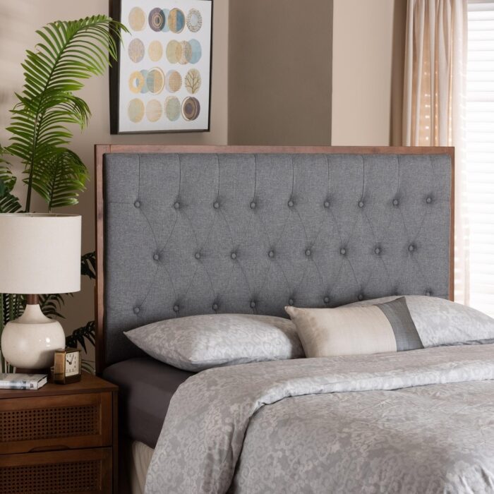 Harumi Classic and Traditional Grey Fabric and Walnut Brown Finished Wood Headboard