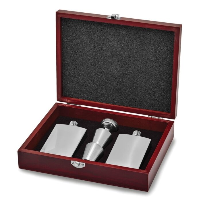 Curata Rebel Steel Stainless Steel Two-4 Ounce Flasks 2 Shot Glasses 2 Funnels Set in Wooden Gift Box