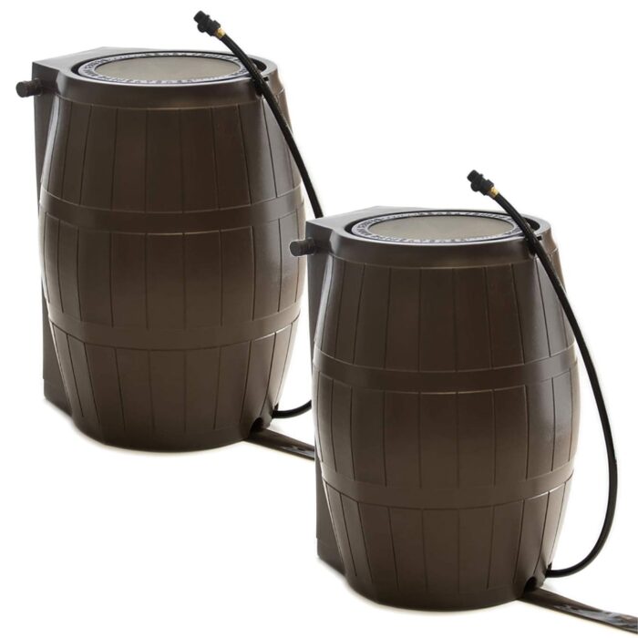 FCMP Outdoor 50-Gallon BPA Free Home Rain Water Catcher Barrel, Brown (2 Pack) - 20
