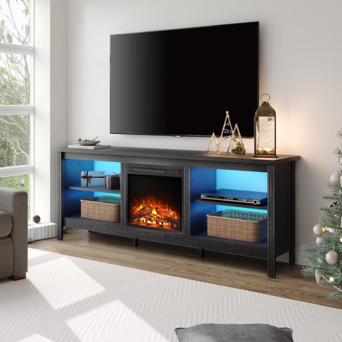 70 Inch Fireplace TV Stand for 75 Inch TV Wood Television Stands,Black