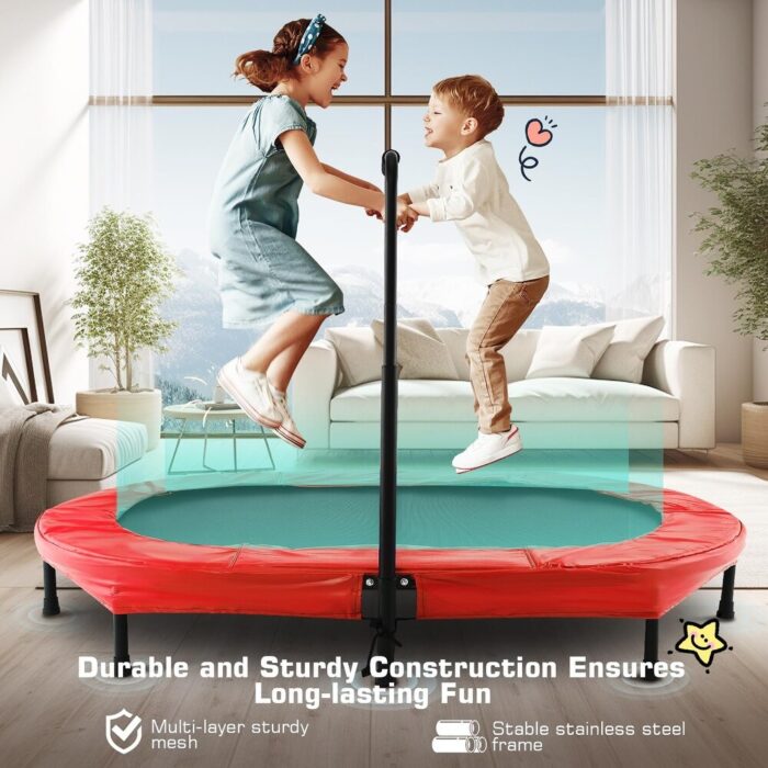 Kids Indoor Trampoline, 56" Foldable Mini Trampoline w/Handle Bar DoubleTrampoline with Reinforced Stitching & Rubber Feet - Red - Image 2