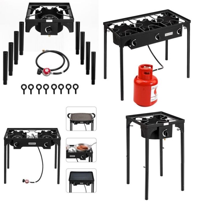 5.51" Head 75000-225000 BTU Outdoor Camp Stove Portable High Pressure Propane Gas Cooker/1.2M Leather Hose - Black - Image 2