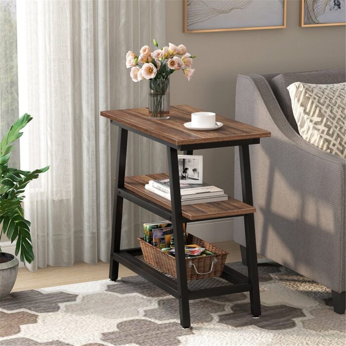 End Table, Side Table with 3-tier Storage Shelf