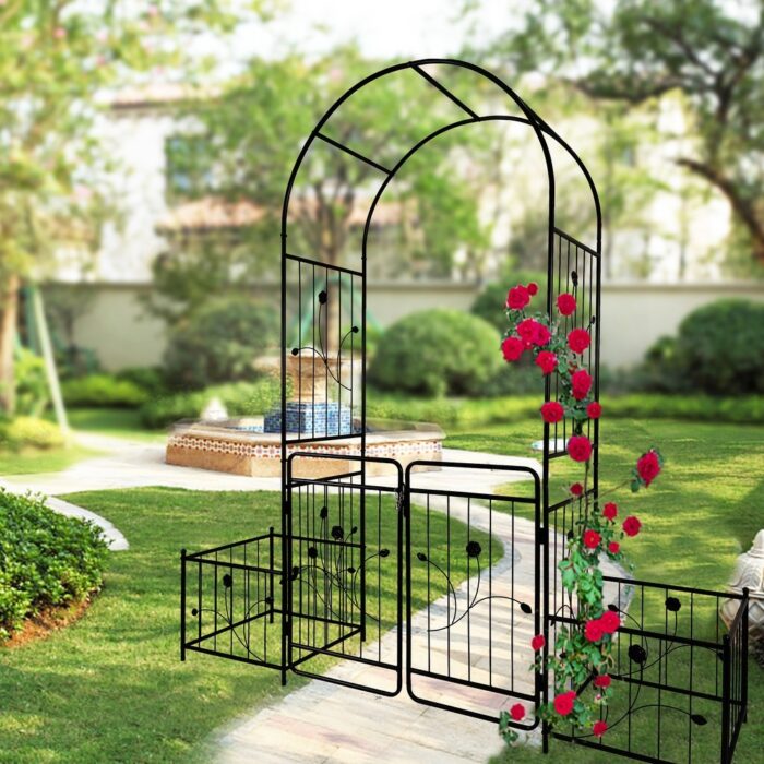 Metal Garden Arch with Gate 79.5'' Wide x 86.6'' High Climbing Plants Support Rose Arch Outdoor Black - Image 2