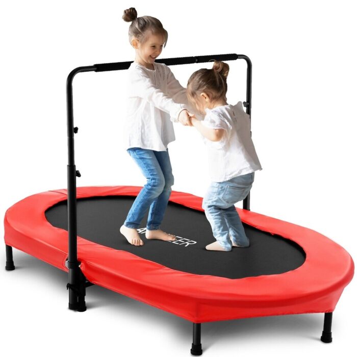 Kids Indoor Trampoline, 56" Foldable Mini Trampoline w/Handle Bar DoubleTrampoline with Reinforced Stitching & Rubber Feet - Red