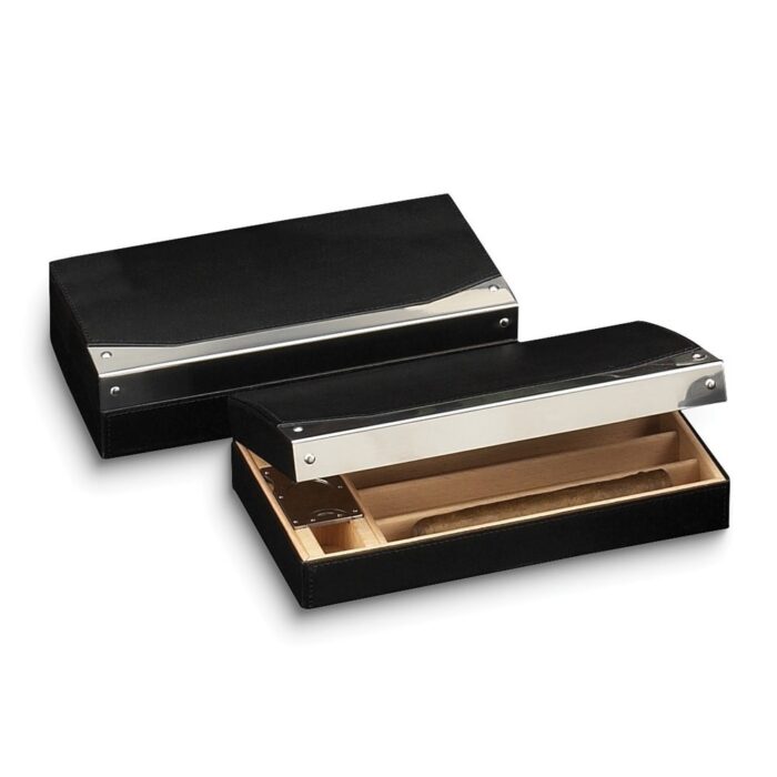 Curata Black Leather Stainless Steel and Wood 4-Cigar Travel Humidor with Cigar Cutter and Humistat