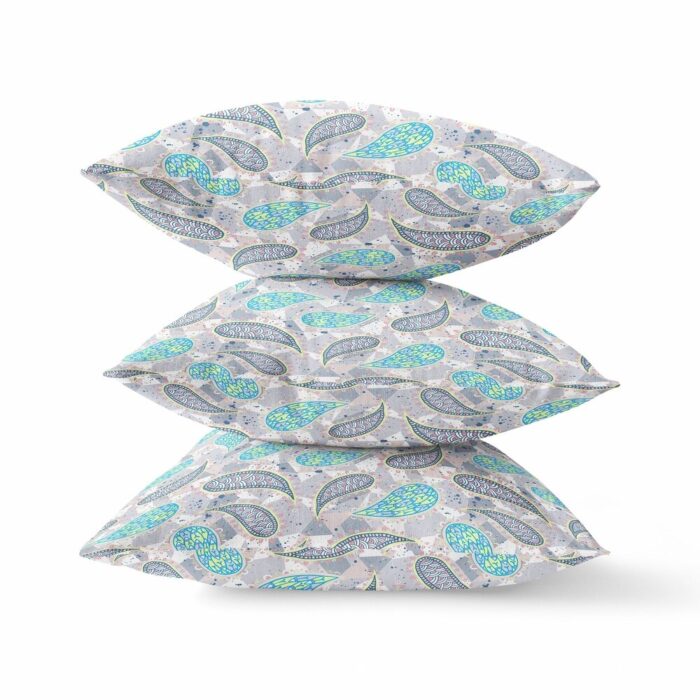 16" Gray Green Boho Paisley Indoor Outdoor Throw Pillow - Image 2