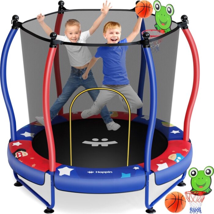 55" Toddler Trampoline, 5FT Kids Trampoline, Ultra Safe Mini Trampoline with Safety Enclosure Net, for Ages 1-6, Basketball Hoop