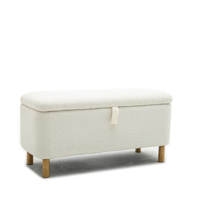 White Entryway Shoe Storage Bench, Hall Tree w/ Boucle Upholstered Bench, Flip Top Storage Cabinet Bench for Hallway, Livingroom - Image 2