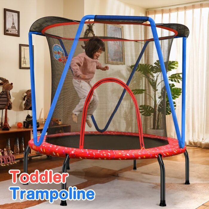Trampoline for Kids Toddler Indoor Outdoor Small Trampolines for Baby with net Basketball Hoop for Age 2-5, 54'' 66'' - Red&Blue - Image 2