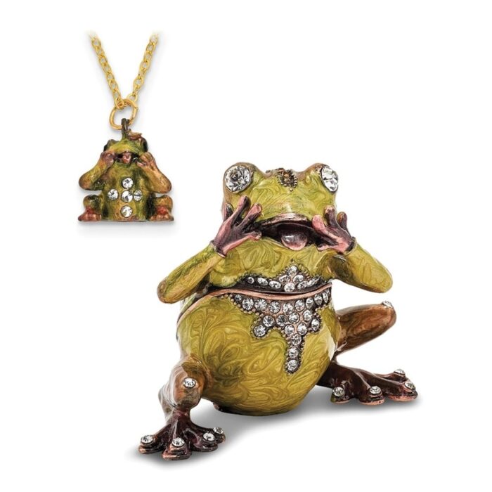 Curata Pewter Bejeweled Crystals Rose-Tone Enameled Oh My Expressive Frog Trinket Box on 18 Inch Necklace - Image 2