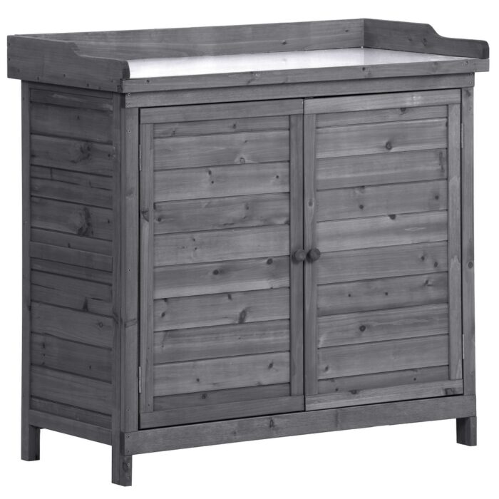 Outdoor 39" Potting Bench Table, Rustic Garden Wood Workstation Storage Cabinet Garden Shed with 2-Tier Shelves and Side Hook - Image 2