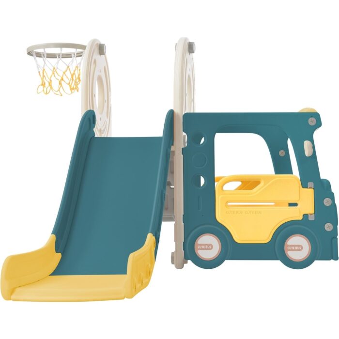 Kids Slide with Bus Play Structure, Freestanding Bus Toy with Slide for Toddlers, Bus Slide Set with Basketball Hoop - Image 2