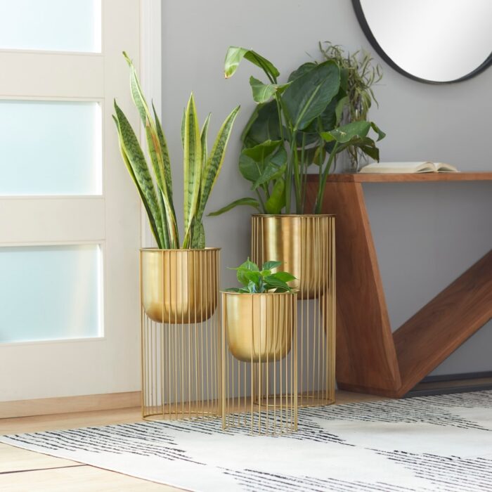 Gold Metal Deep Recessed Dome Planter with Elevated Caged Stand (Set of 3)