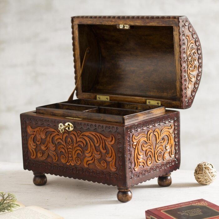 Novica Handmade Colonial Style Leather And Wood Jewelry Chest - Image 2