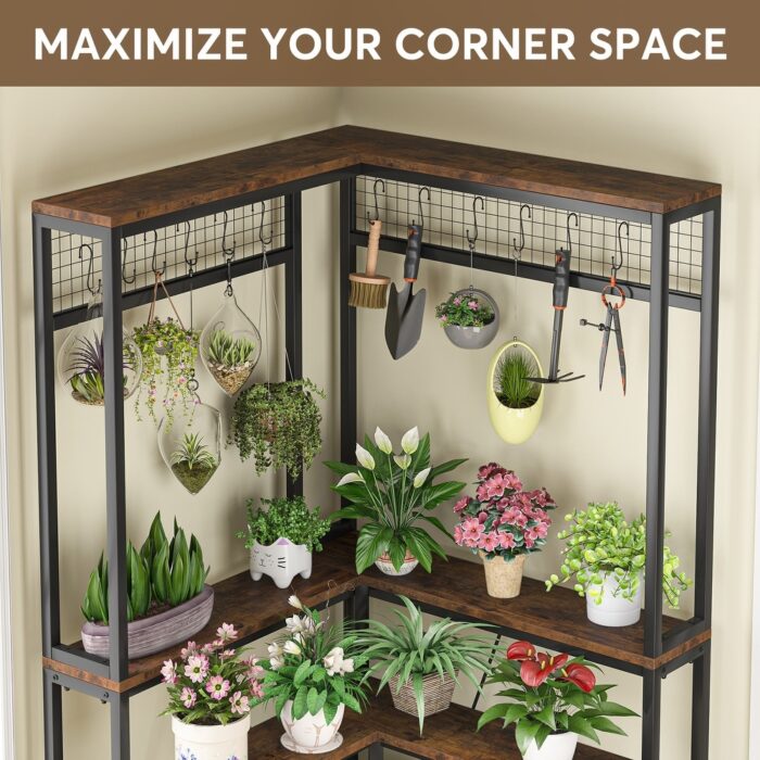 4-Tier Large Corner Plant Shelves, Corner Plant Stand with 15 S-shaped Hanging Hooks, Rustic Brown - Image 2
