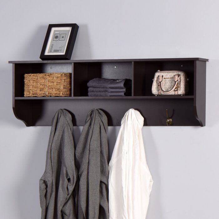 YC Entryway Wall Mounted Coat Rack with 4 Dual Hooks Living Room Wooden Storage Shelf - Image 2