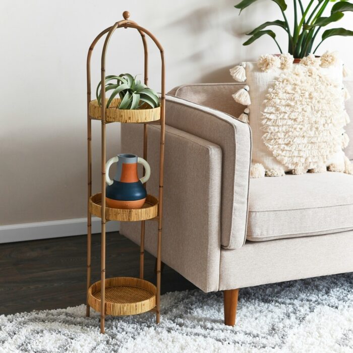 Bamboo-Style Metal Plant Stand or Shelf with Removable Rattan Trays - Image 2