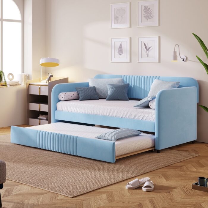 Sofa Bed,Upholstered Daybed Sofa Bed Twin Size With Trundle Bed and Wood Slat,Sleeper Sofa