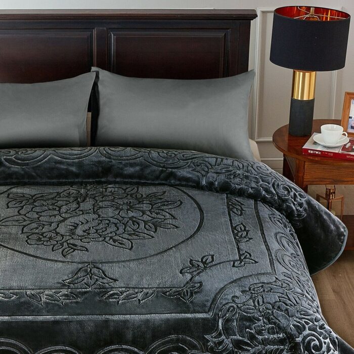 Heavy Mink Plush Blanket Embossed Pattern Dark Grey