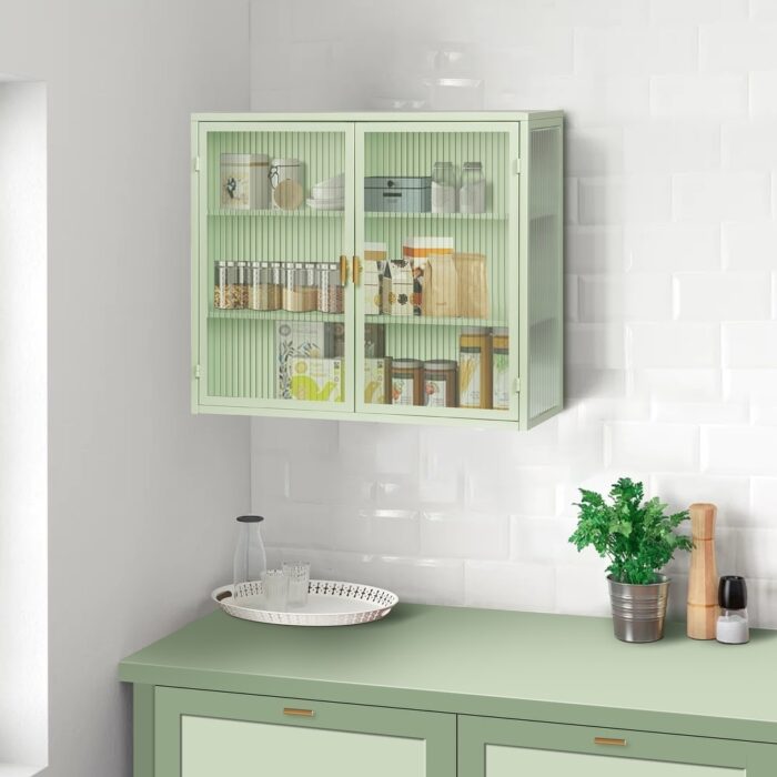 3-tier Storage Wall Medicine Cabinet for Dining Room Sideboard Fluted Glass Over The Toilet Wall Mount Mint Green Cabinet