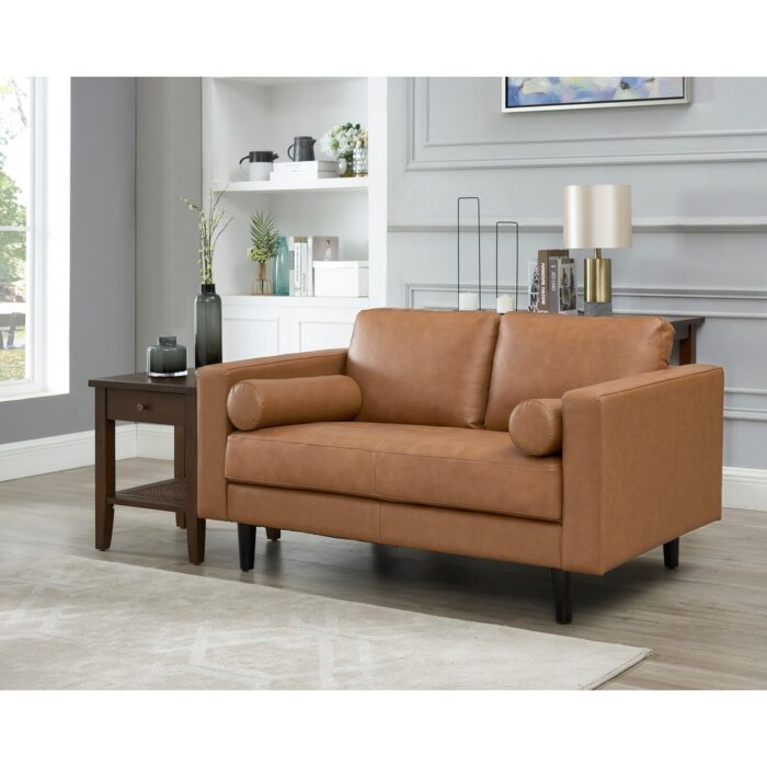 Marisa Top Grain Genuine Mid-Century Leather Loveseat Sofa, Wooden Legs Sectional Loveseat Sofa for Living Room