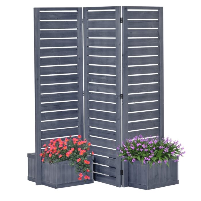 Outsunny Freestanding Outdoor Privacy Screen, 4 Self-Draining Planters / Raised Garden Beds, 3 Hinged Panels - Image 2