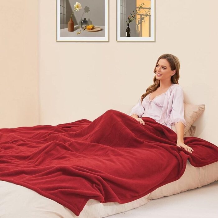 Twin Size Electric Heated Blanket Fleece Warm Bedding Garnet Red - Image 2