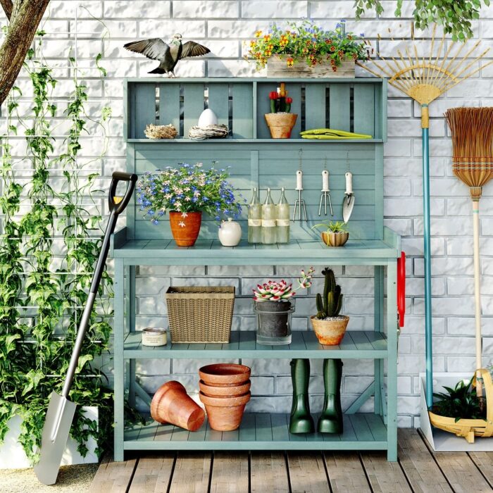 Nestfair Outdoor Potting Table Patio Workstation with 4 Shelves and Side Hook - N/A