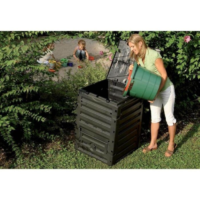 UV-Resistant Black Recycled Plastic Compost Bin with Lid - 25.6 x 23.6 x 35.5 i