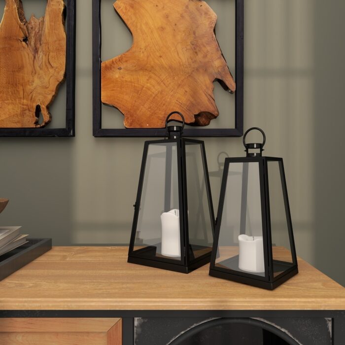 Black Metal Tall Minimalist Decorative Candle Lantern with Ring Handles (Set of 2)