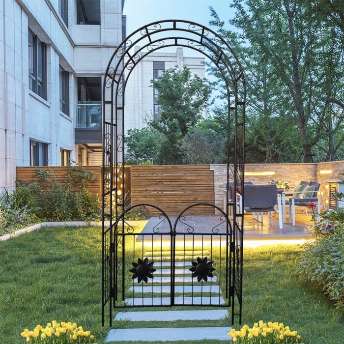 Metal Arch Garden Trellis with Doors for Climbing Plants