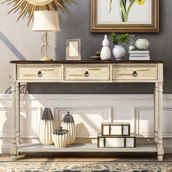 Farmhouse Distressed Beige 3-drawer Console Table - Image 2