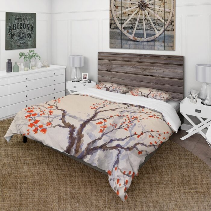 Designart 'Red Flowers & Buds On The Spring Blossoming Tree' Traditional Duvet Cover Set