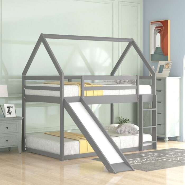 House Bunk Bed with Convertible Slide & Ladder, Twin Size Bunk Bed with Roof and Security Guardrails, Grey - Image 2