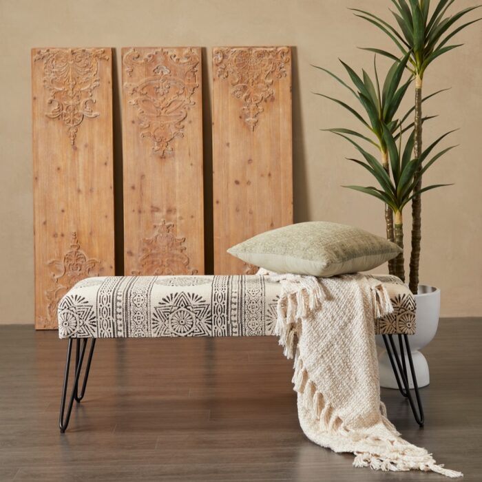 Metal Floral Bench with Metal Hairpin Legs - Multi colored, Gray and White or Black and White - 47 x 19 x 16