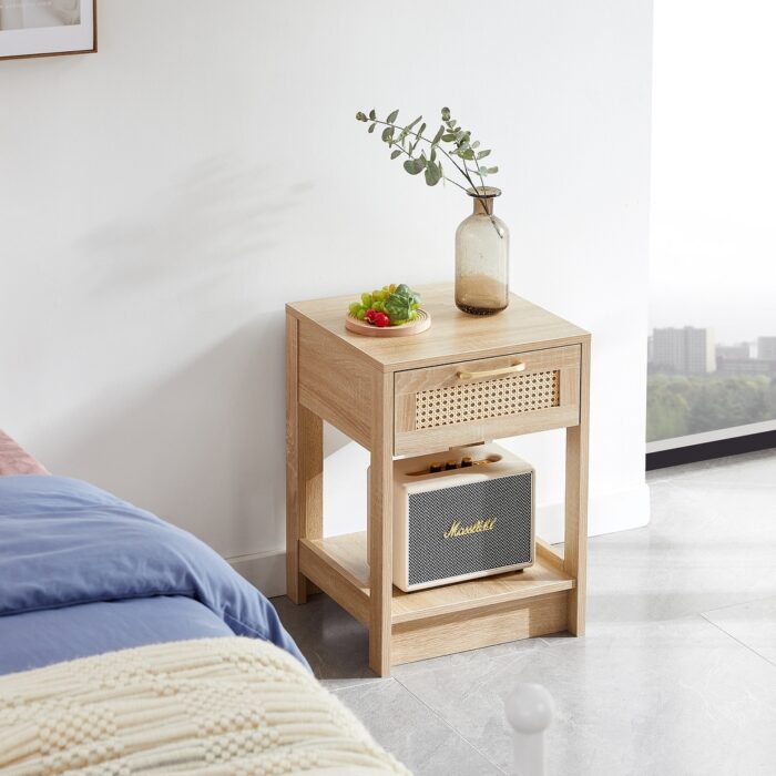 ARTCHIRLY 15.75" Rattan End table with drawer, Modern nightstand for living roon, bedroom
