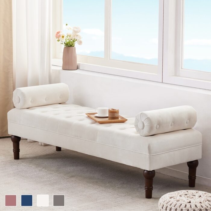 HUIMO Velvet Bedroom Bench Pink/ Beige/ Blue/ Gray Upholstered Bench with Button-Tufted 60.2".