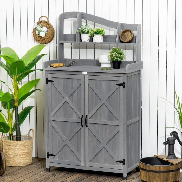 Outsunny Outdoor Potting Bench Table & Garden Storage Cabinet, Multi-function Gardening Bench, Wooden Planting Workstation