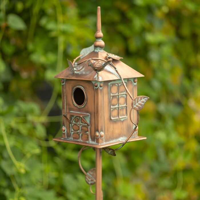 63" Tall Chapel Style Birdhouse Garden Stake in Antique Copper