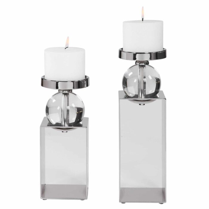 Uttermost Lucian 2 Piece Crystal and Steel Pillar Candlestick Set by