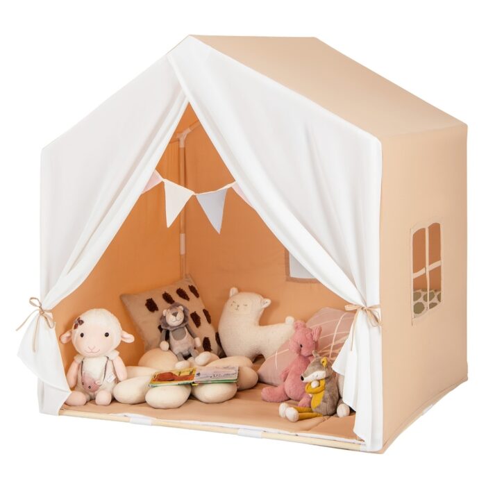 Kid's Play Tent with Washable Cotton Mat and Flag Banner - 52" x 36" x 51.5" (L x W x H)