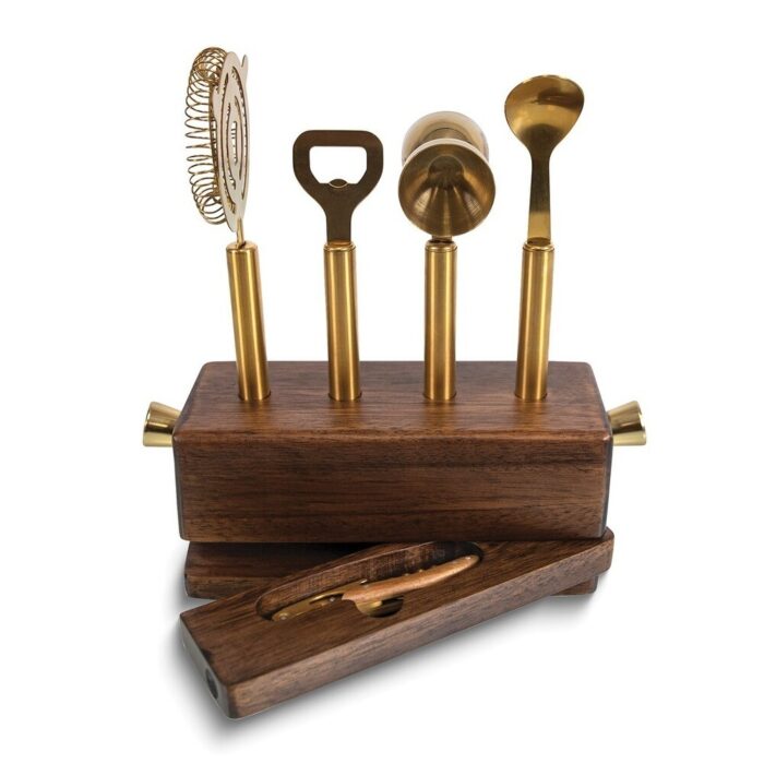 Curata Brass-Toned Metal Acacia Wood 5 Piece Sidecar Bar Tool Set - Includes WaiterS Corkscrew Jigger Spoon Strainer Bottle - Image 2