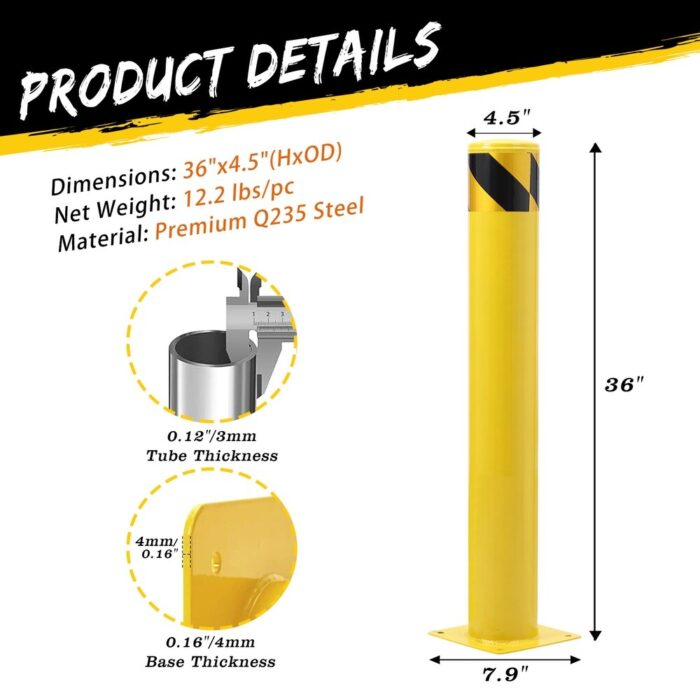 Steel Safety Bollard Post with Anchor Bolts - 4.5 Inch Diameter - Image 2