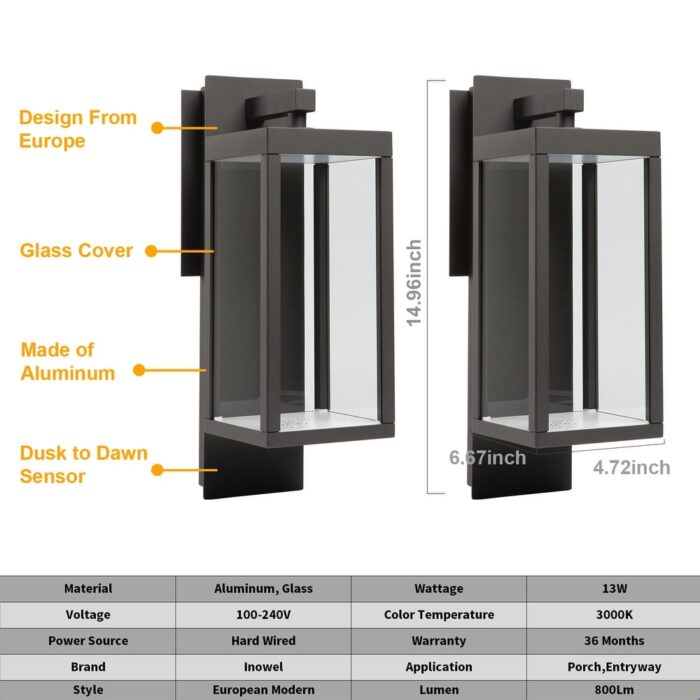 Outdoor Wall Sconce Lantern Dusk to Dawn Sensor 13W 800Lm 3000K - Image 2