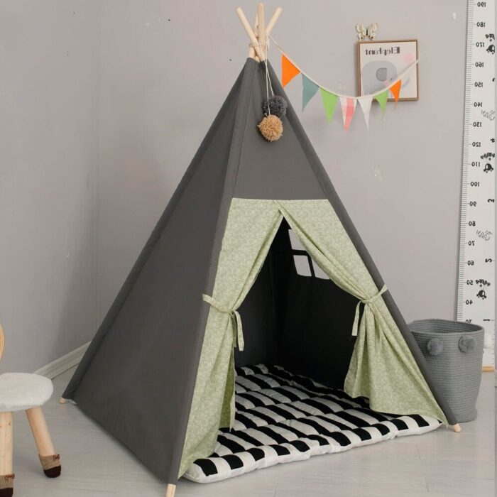 Foldable Dark Tone Grey Play Tents with Carry Case and Stripe Padded Mat