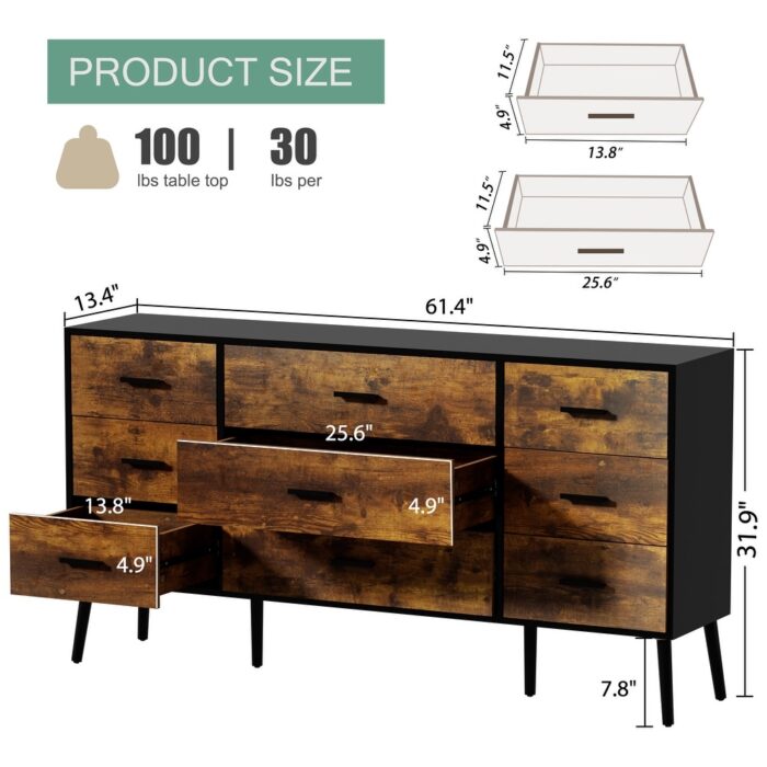 9 Drawers Chest Of Dresser Storage Tower Cabinet Bedroom Organizer Retro - Image 2