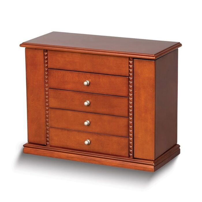 Curata Walnut Finish Carved Detail 4-Drawer with Swing-Out Side Doors Wooden Jewelry Box