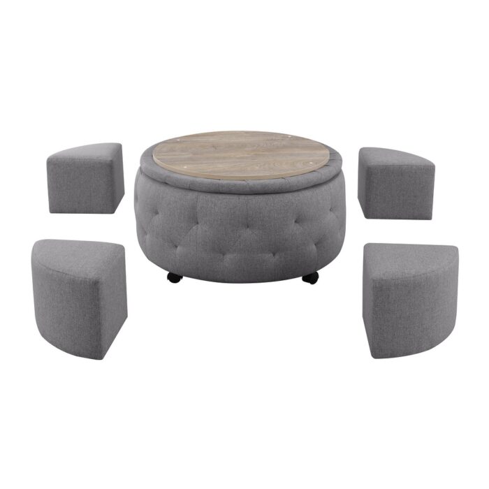Indoor Grey Round Storage Ottoman Cocktail Set - Image 2