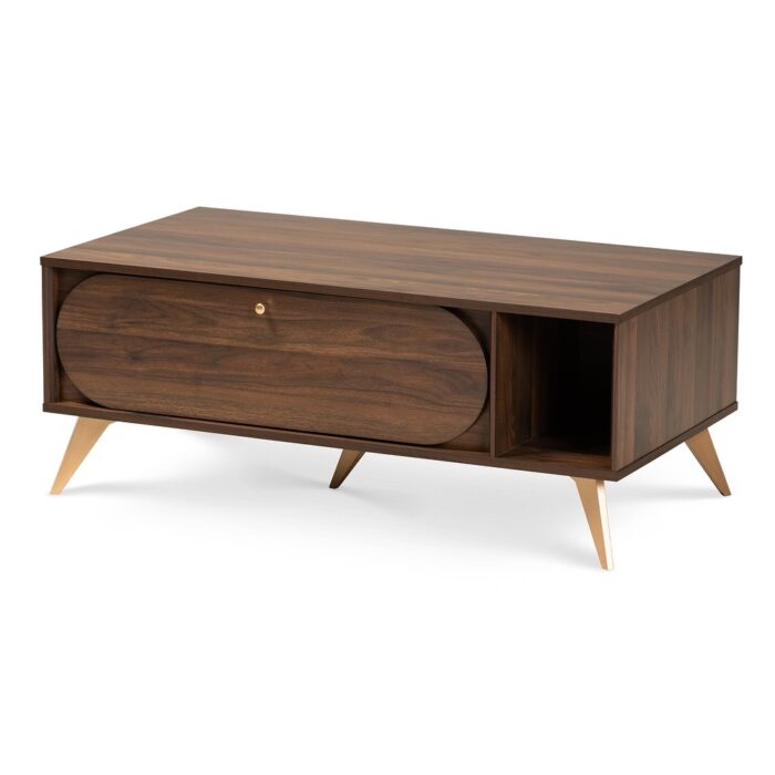 Edel Mid-Century Walnut Brown and Gold Finished Wood Coffee Table - Image 2